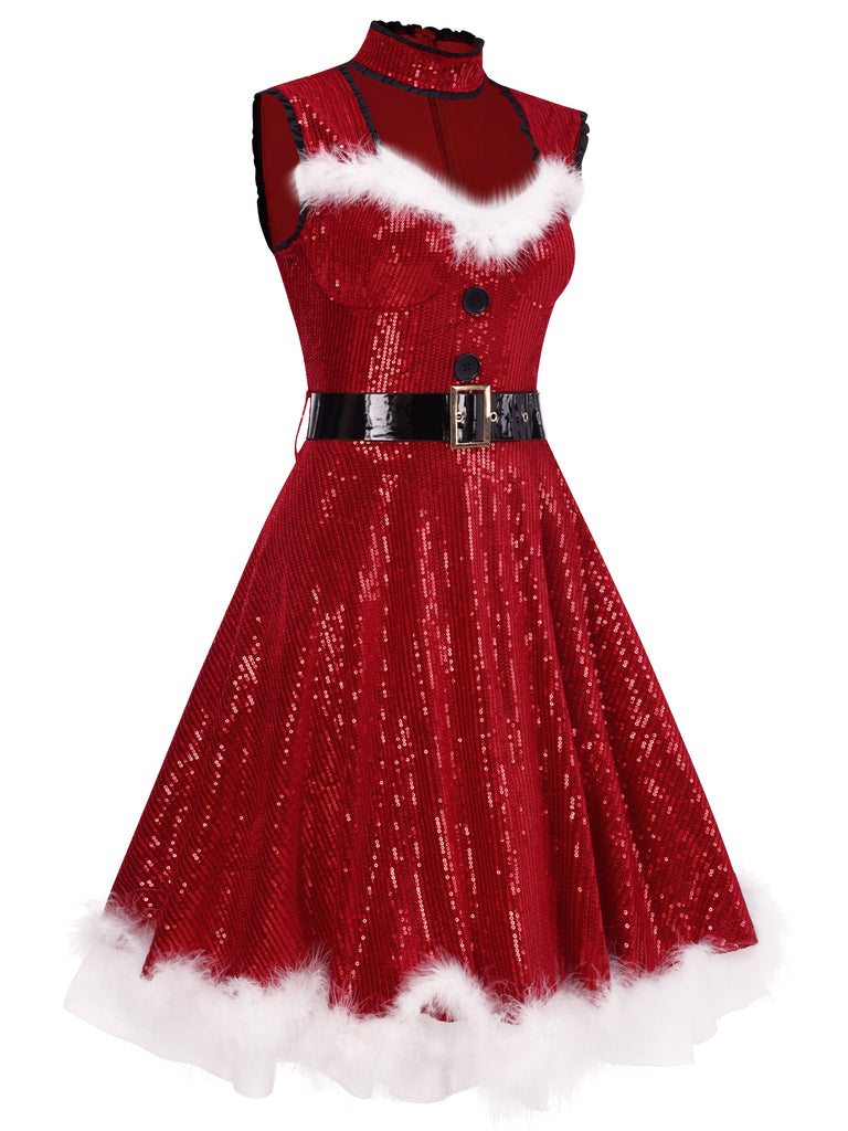 Red 1970s Christmas Fur Trim Sequined Dress