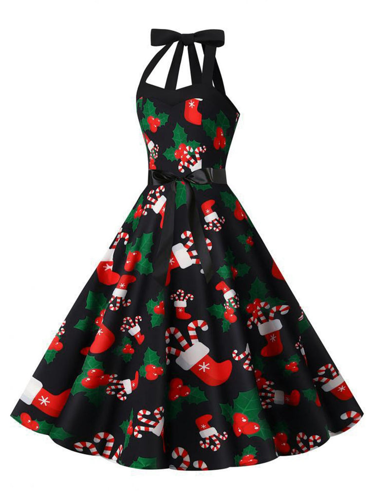 Black 1950s Christmas Santa Socks Halter Dress