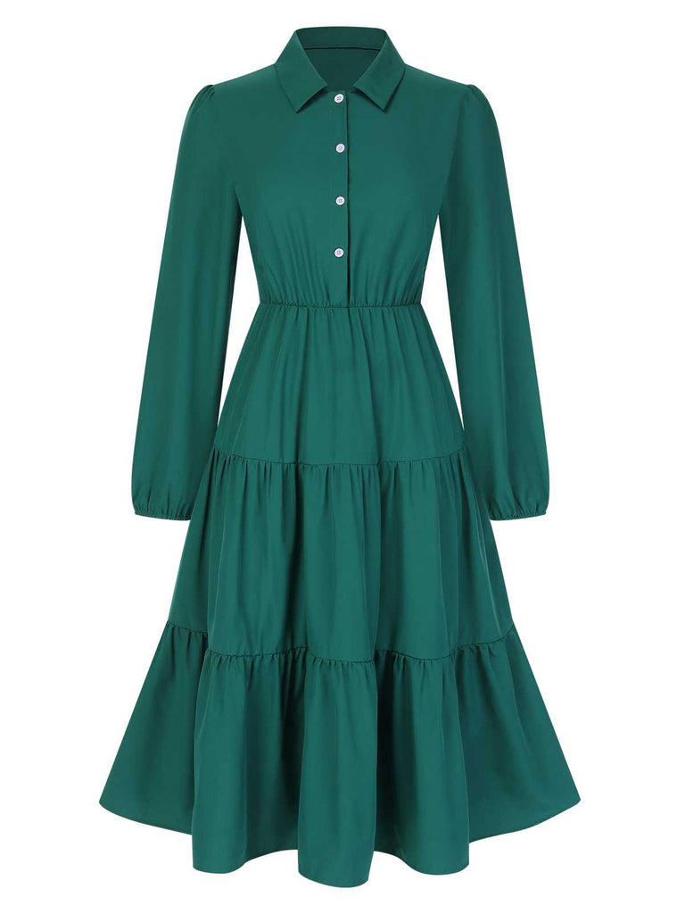 1950s Shirt Neck Tiered Solid Midi Dress