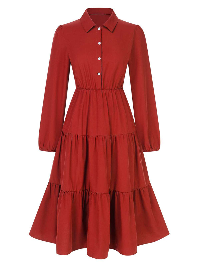 1950s Shirt Neck Tiered Solid Midi Dress