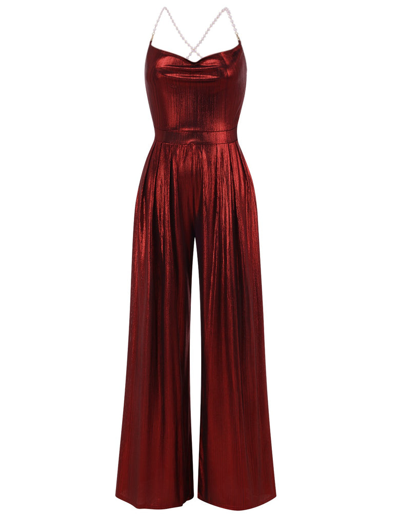 Wine Red 1930s Solid Metallic Strap Jumpsuit