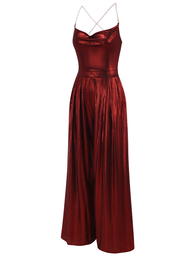 Wine Red 1930s Solid Metallic Strap Jumpsuit