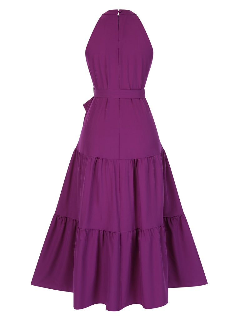 1950s Solid Crew Halter Tiered Dress