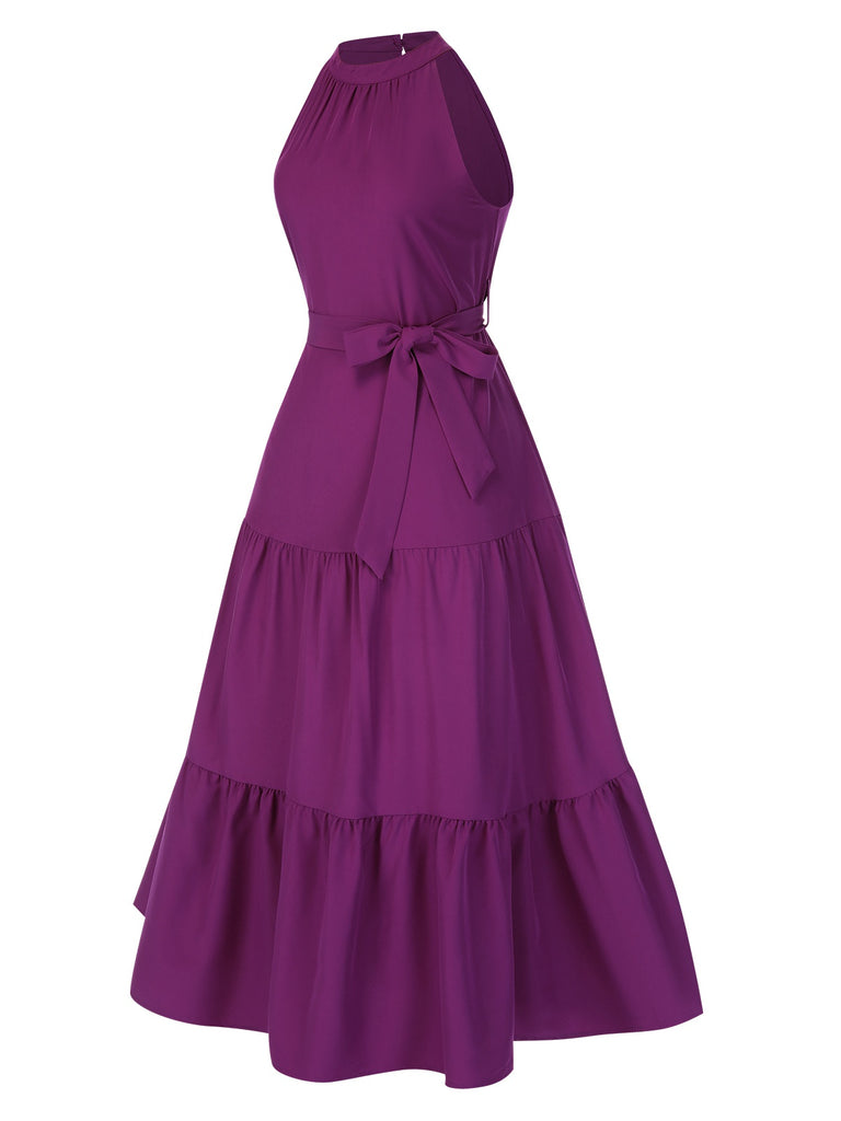 1950s Solid Crew Halter Tiered Dress