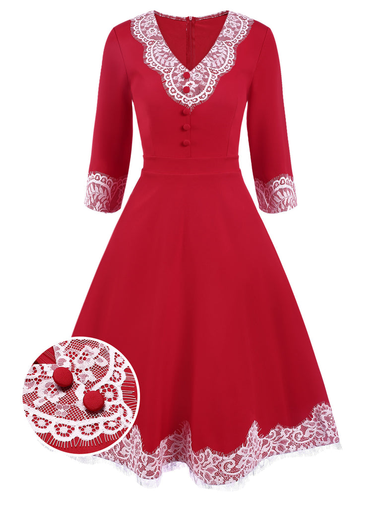 [Pre-Sale] Red 1950s Lace Button Patchwork Dress