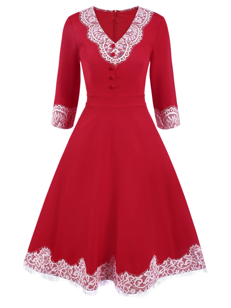 [Pre-Sale] Red 1950s Lace Button Patchwork Dress