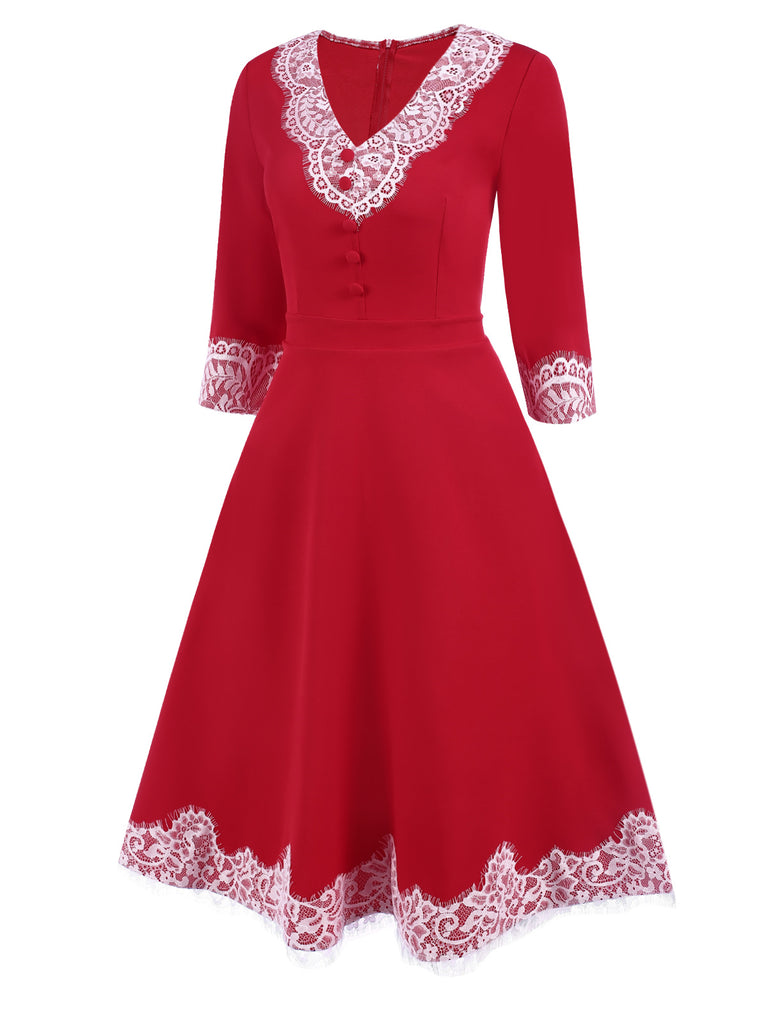 [Pre-Sale] Red 1950s Lace Button Patchwork Dress