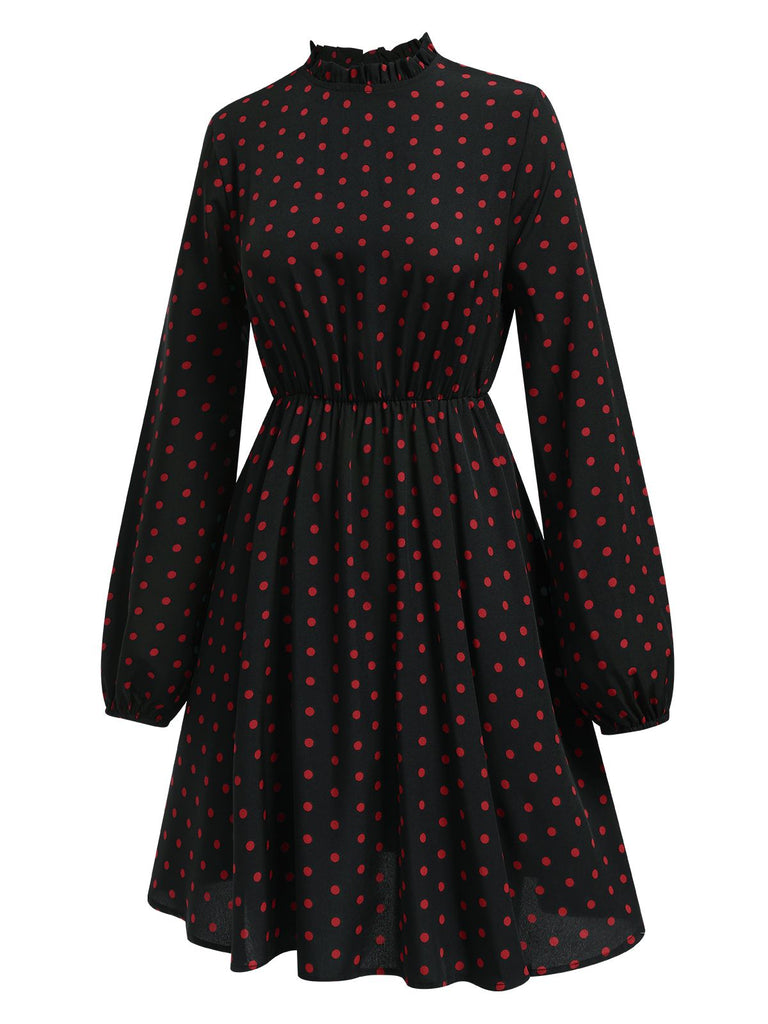 Black 1950s Polka Dot Long Sleeves Dress