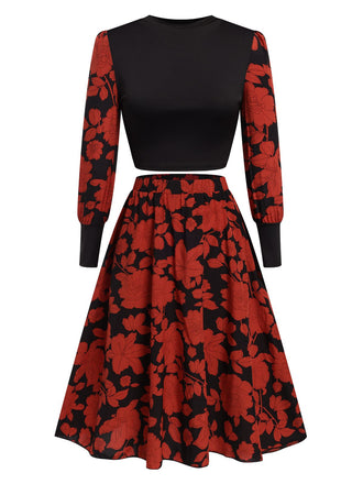 Black&Red 1980s Floral Long Sleeves Top&Skirt