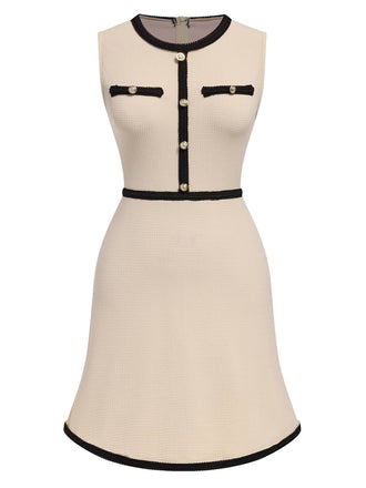 Beige 1970s Contrast Binding Sleeveless Dress