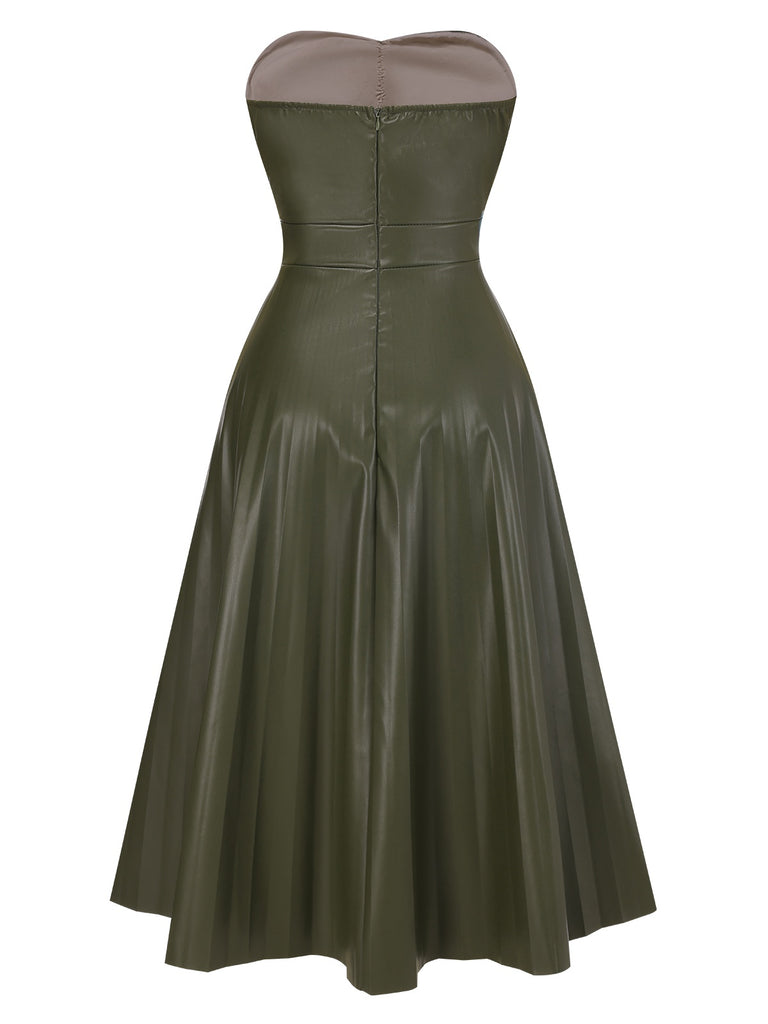 1950s Solid Faux Leather Strapless Dress