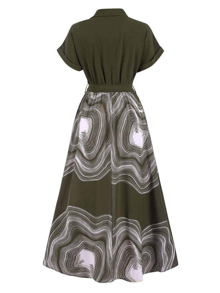 Green 1940s Tree Rings Belted Lapel Dress