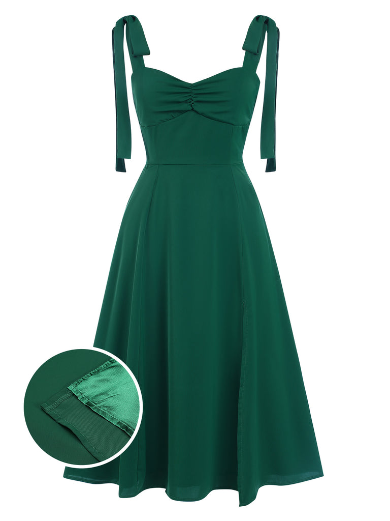 Green 1940s Sweetheart Neck Lace-Up Slit Dress