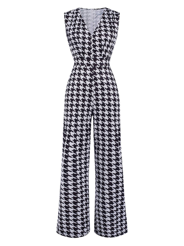 Black 1930s Houndstooth V-Neck Sleeveless Jumpsuit