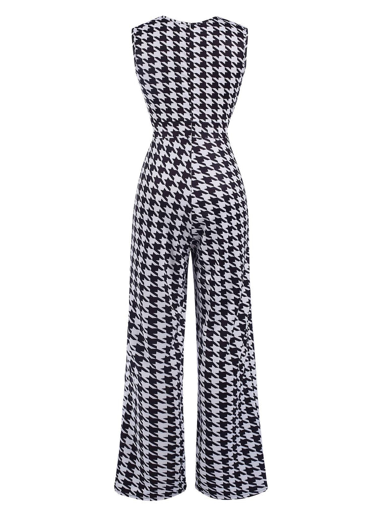 Black 1930s Houndstooth V-Neck Sleeveless Jumpsuit