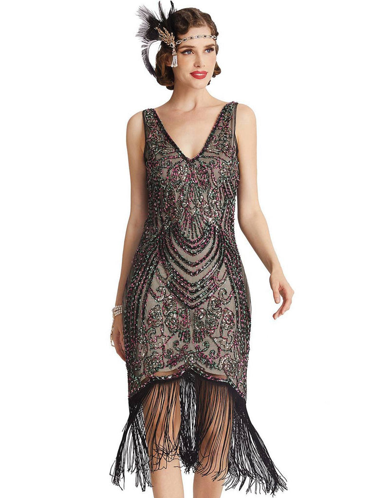 Black 1920s V-Neck Floral Sequined Dress