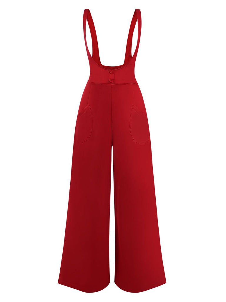 Red 1970s Suspender Wide-Leg Solid Pants