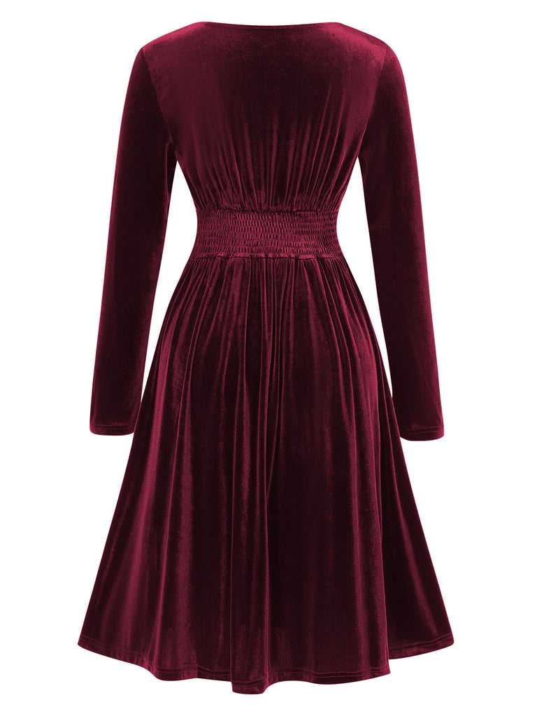 1940s V-Neck Solid A-line Velvet Dress