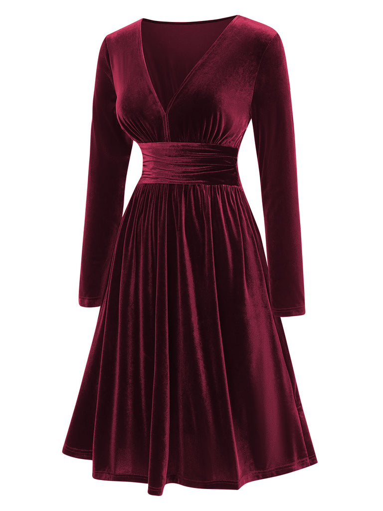 1940s V-Neck Solid A-line Velvet Dress