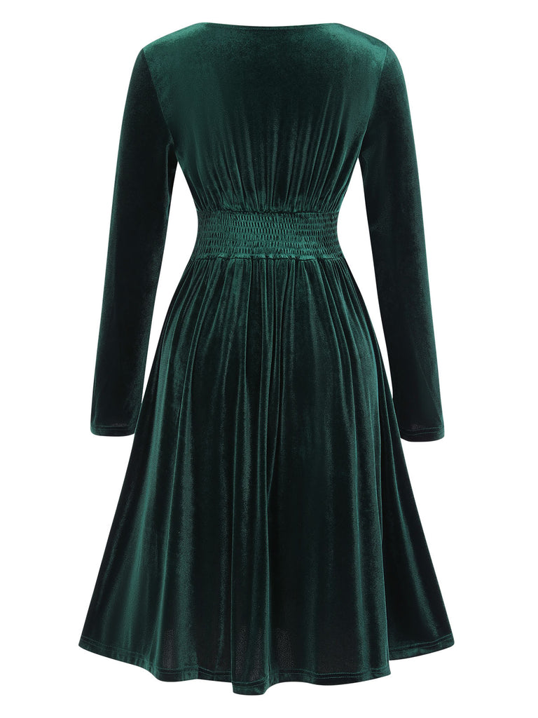 1940s V-Neck Solid A-line Velvet Dress