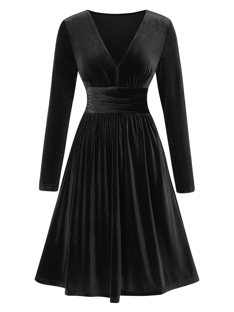 1940s V-Neck Solid A-line Velvet Dress