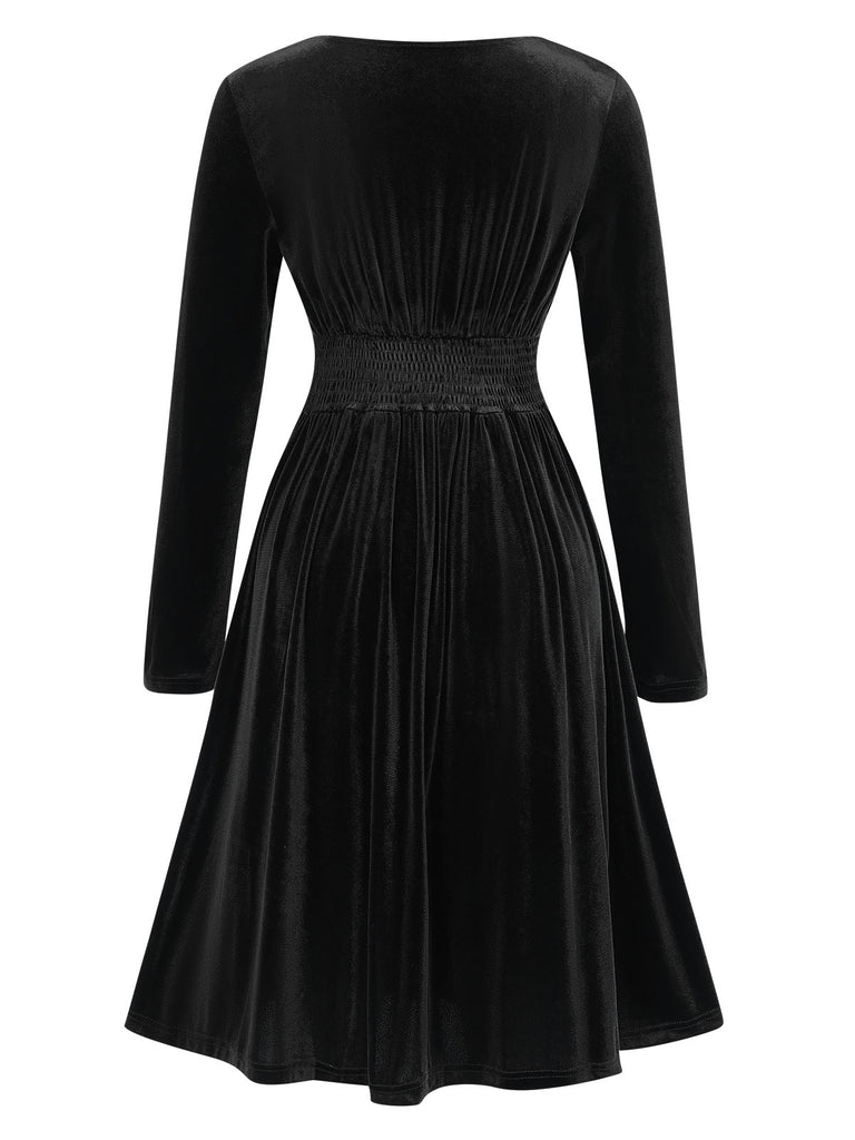 1940s V-Neck Solid A-line Velvet Dress