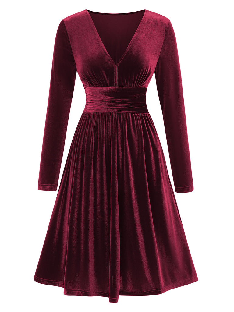 1940s V-Neck Solid A-line Velvet Dress