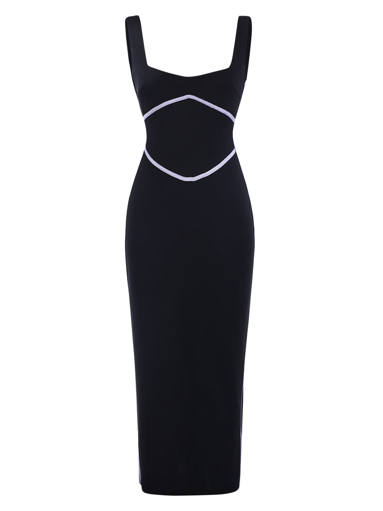 Black 1930s Binding Square Neck Bodycon Dress