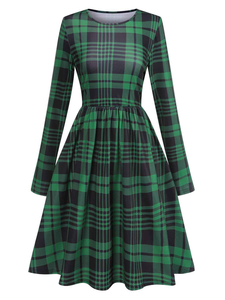 Green 1940s Crew Neck Tartan Dress With Belt