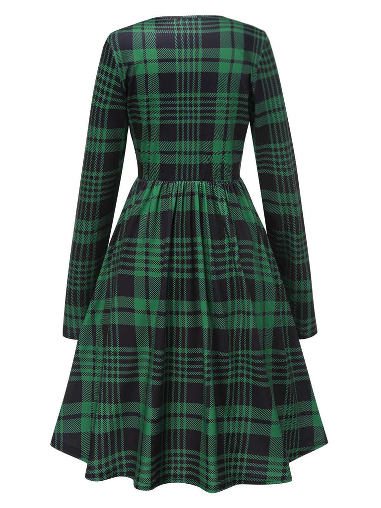 Green 1940s Crew Neck Tartan Dress With Belt