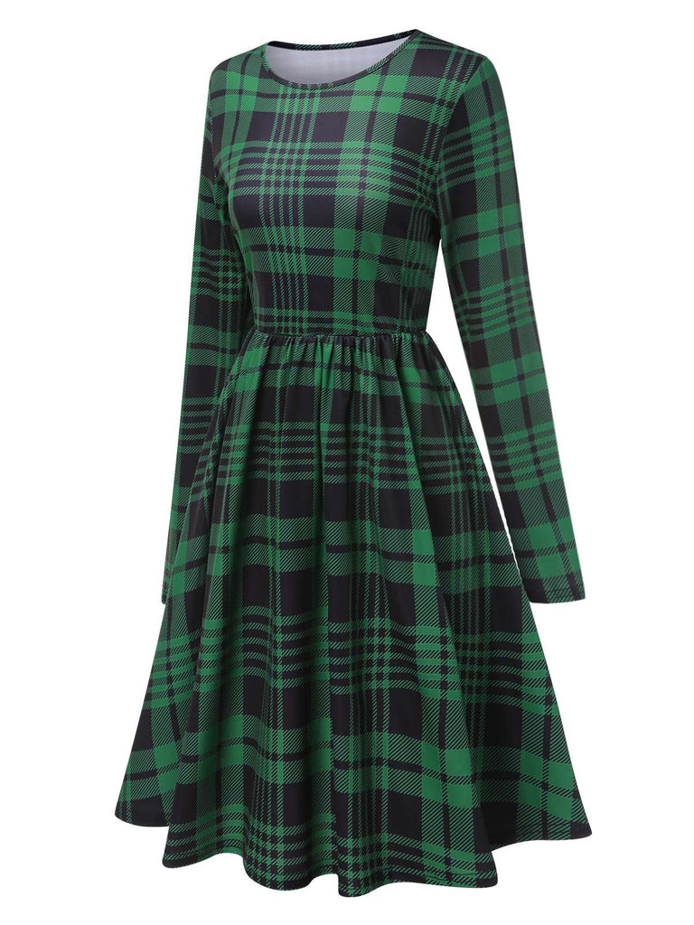 Green 1940s Crew Neck Tartan Dress With Belt