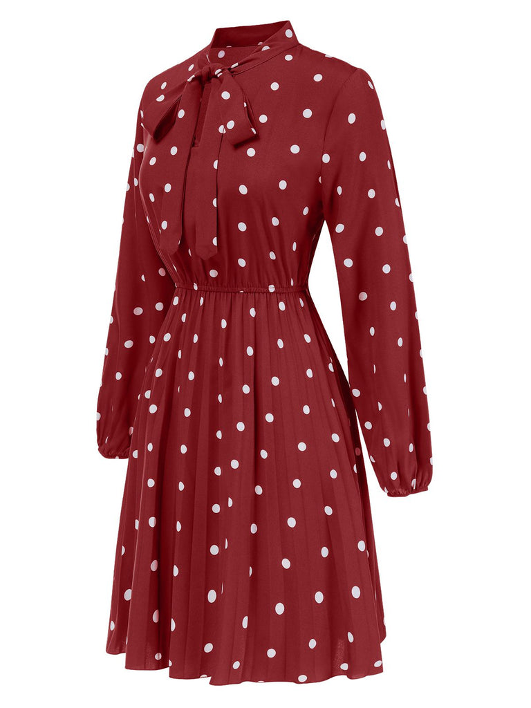 1940s Polka Dot Drawstring Pleated Dress