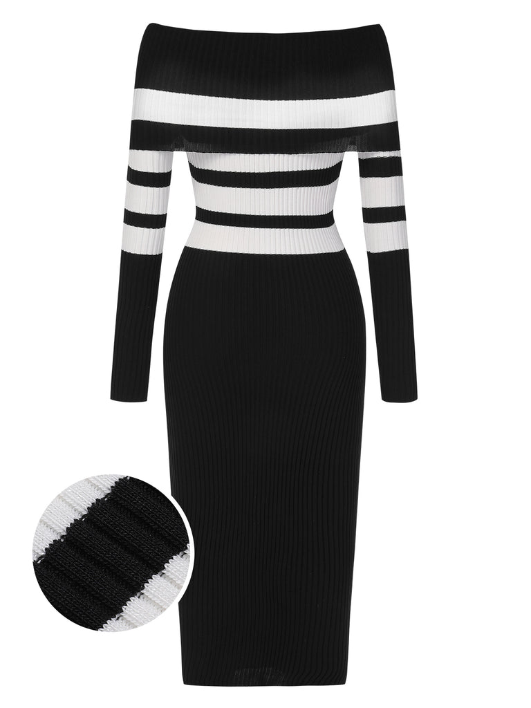 1960s Knitted Colorblock Off-Shoulder Dress