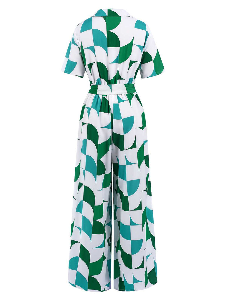 1940s V-Neck Contrast Print Belted Jumpsuit