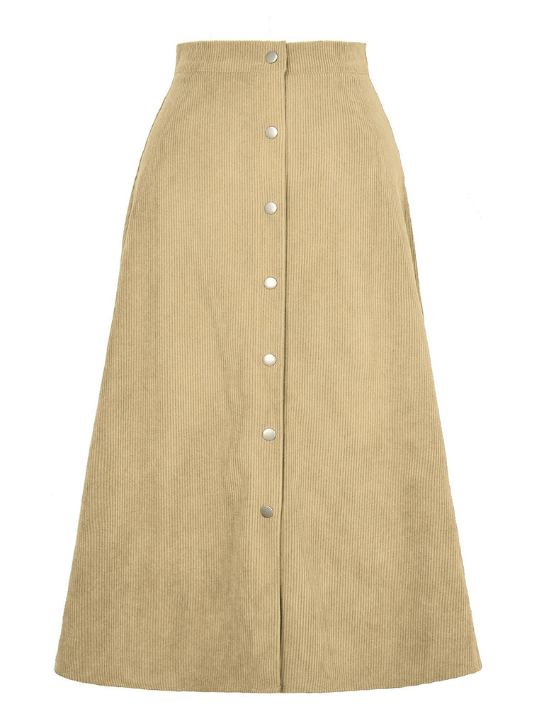 1930s Solid Buttoned Corduroy A-Line Skirt