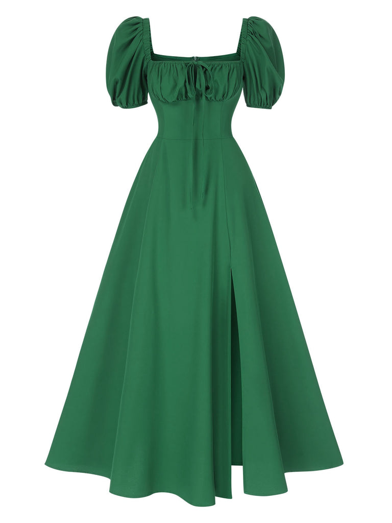 1940s Side Slit Puff Sleeve Square Neck Dress