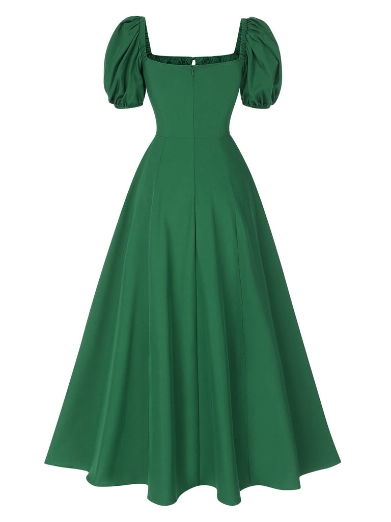 1940s Side Slit Puff Sleeve Square Neck Dress