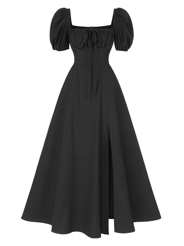 1940s Side Slit Puff Sleeve Square Neck Dress