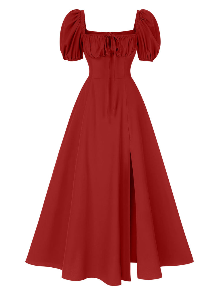 1940s Side Slit Puff Sleeve Square Neck Dress