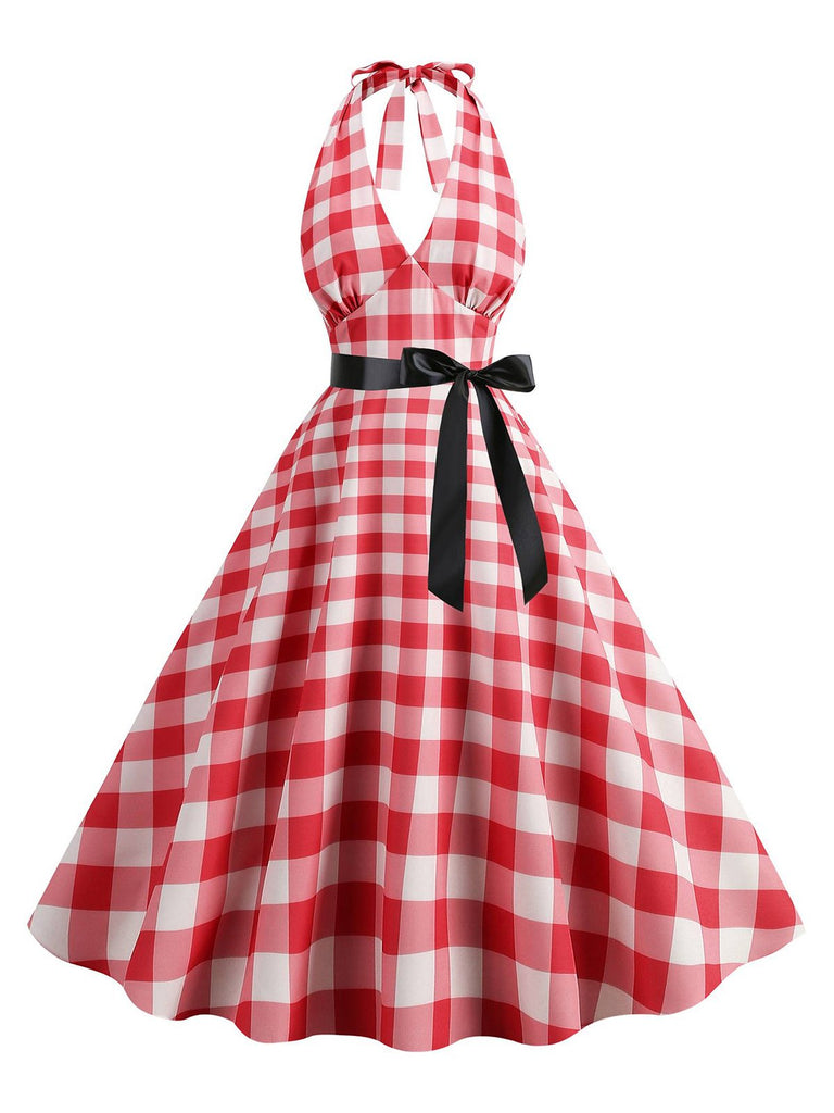 Red 1950s Gingham Plaid Halter Swing Dress