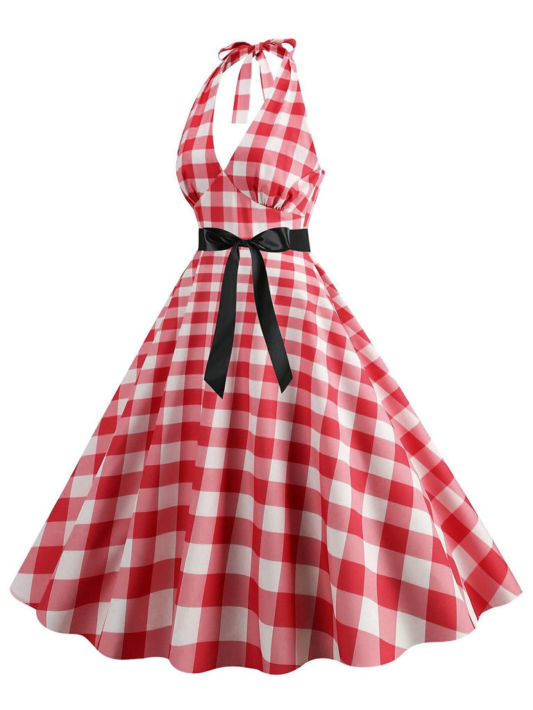 Red 1950s Gingham Plaid Halter Swing Dress