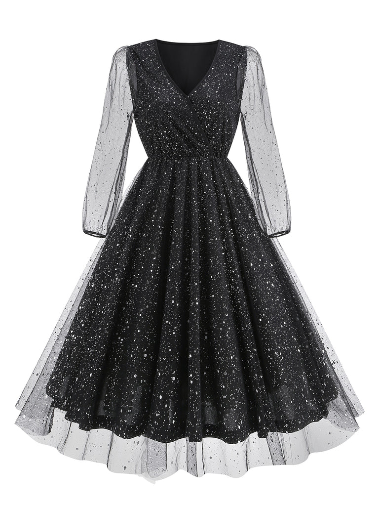 Black 1950s Mesh Sequined V-Neck dress