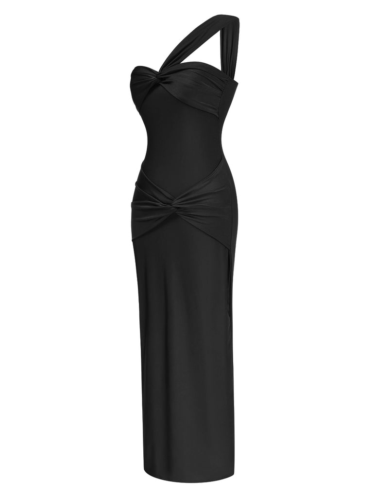 1930s Solid One Shoulder Twisted Ruched Maxi Dress