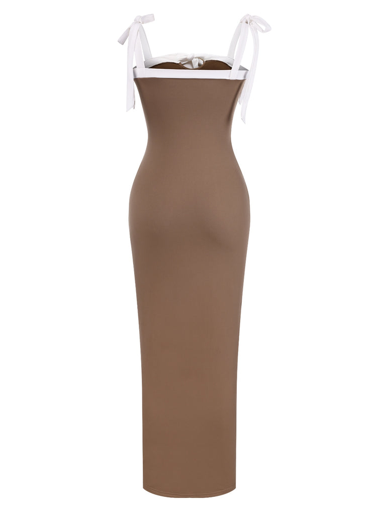 Khaki 1930s Contrast Shoulder Tie Bodycon Dress