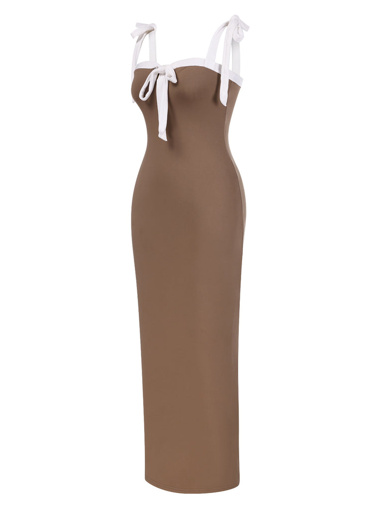 Khaki 1930s Contrast Shoulder Tie Bodycon Dress