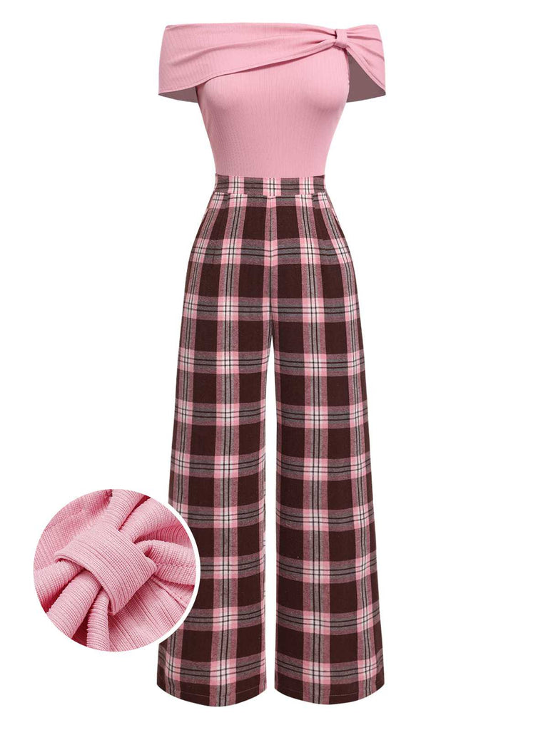 [Pre-Sale] Pink 1930s Off-Shoulder Plaids Jumpsuit