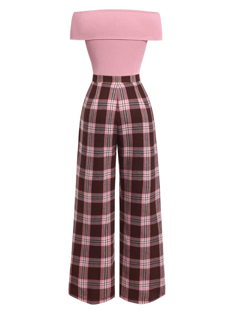 [Pre-Sale] Pink 1930s Off-Shoulder Plaids Jumpsuit