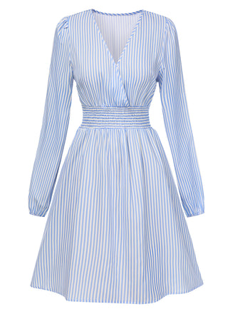 Blue 1940s V-Neck Stripes Long Sleeve Dress