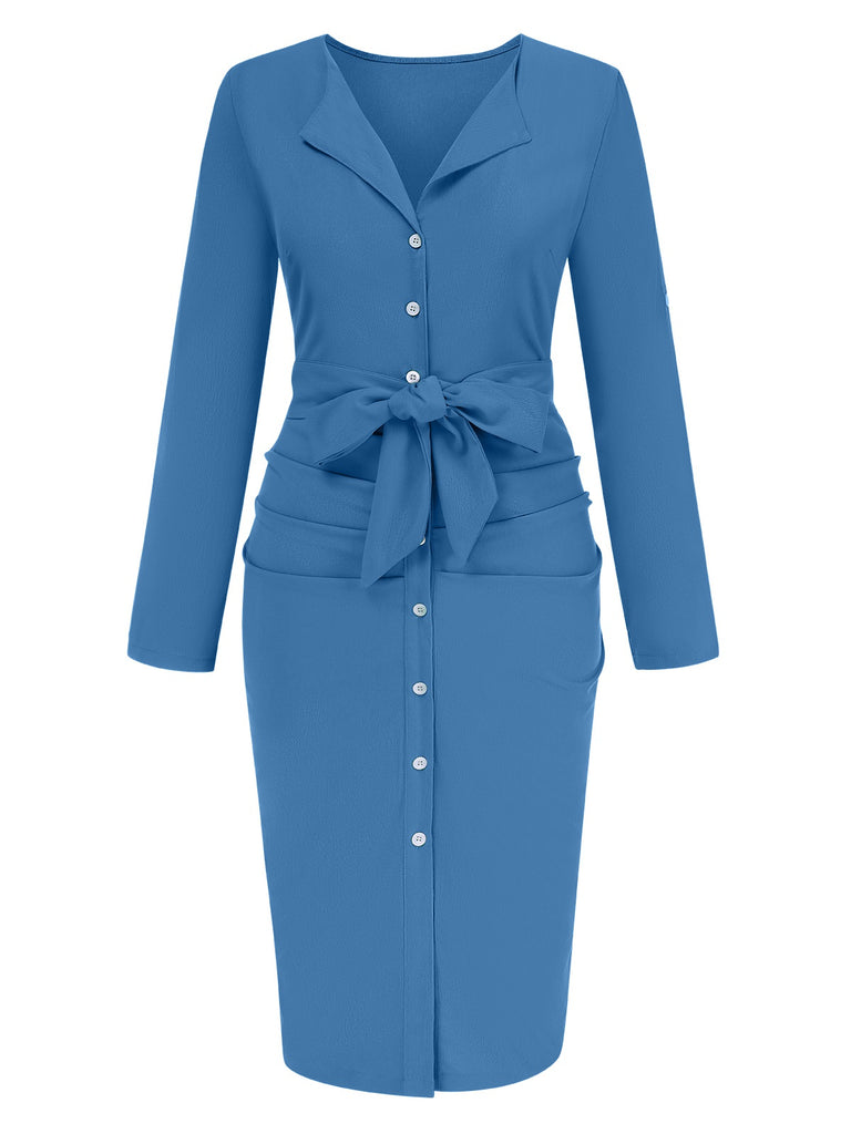 1960s Solid V-Neck Pleated Button Dress