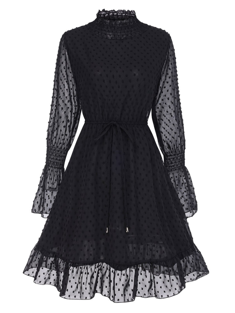 Black 1940s Dots Half Turtleneck Chiffon Dress